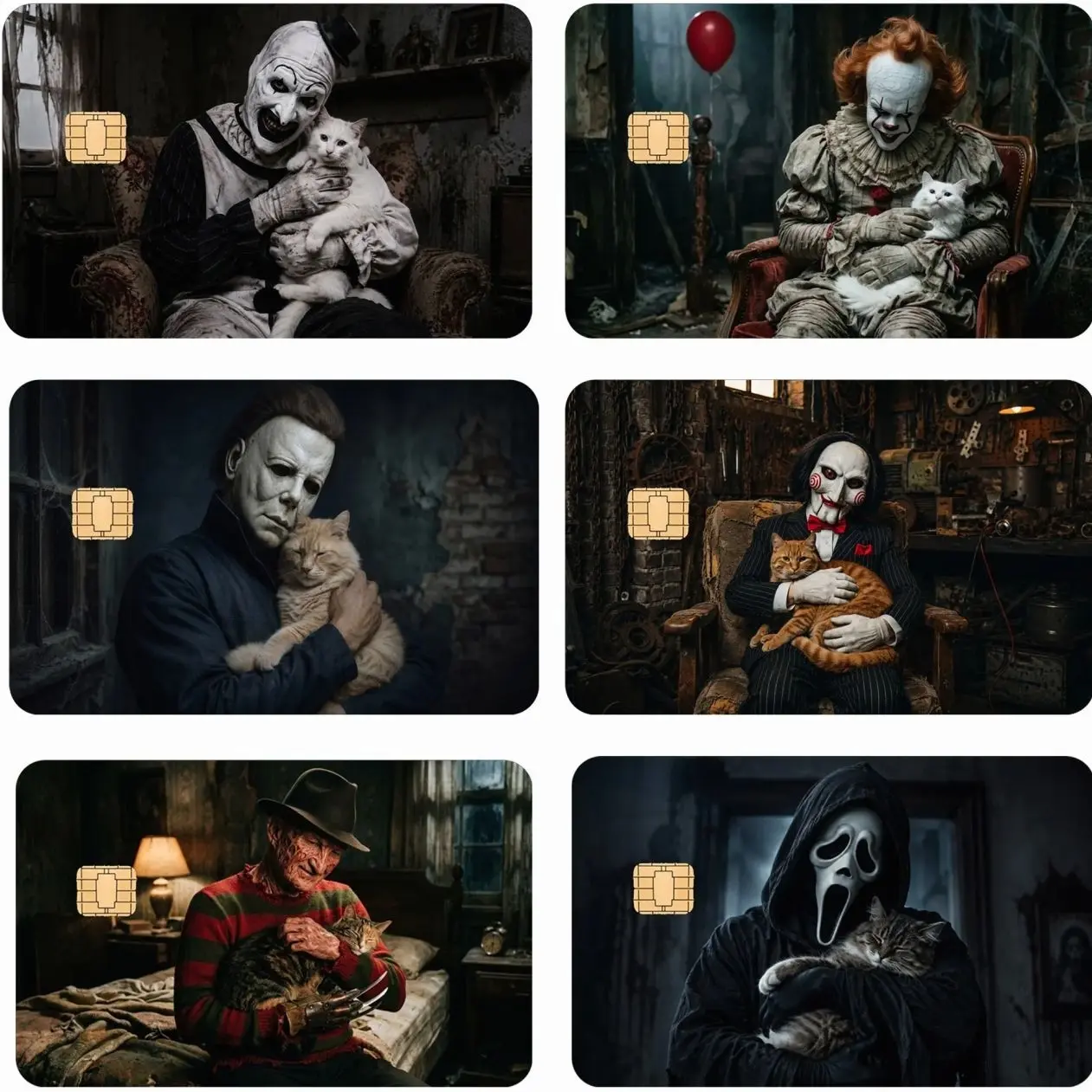 Horror Characters Holding Cats Credit Card Skin, Halloween Movie Debit Card Skin, Waterproof Vinyl Card Cover Gift for Spooky Fans