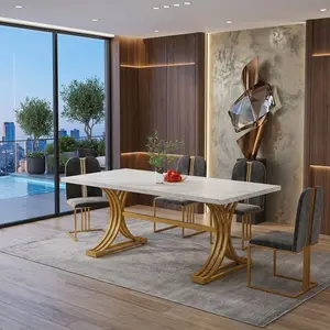 63 Inch White Gold Faux Marble Dining Table, Thickened Sturdy Tabletop with Half-Moon Golden Metal Legs, Anti-Stain Easy Clean Modern Rectangular Dinner Table for 4-6 People Home Kitchen Dining Room Daily Use