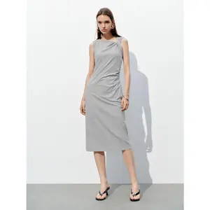 URBAN REVIVO 2026 Spring Women's Minimalist Basic Slim-Cut Cotton Blend Fabric Sleeveless Ruched Midi Dress, Casual Mid-Length Clothing, UWG750225