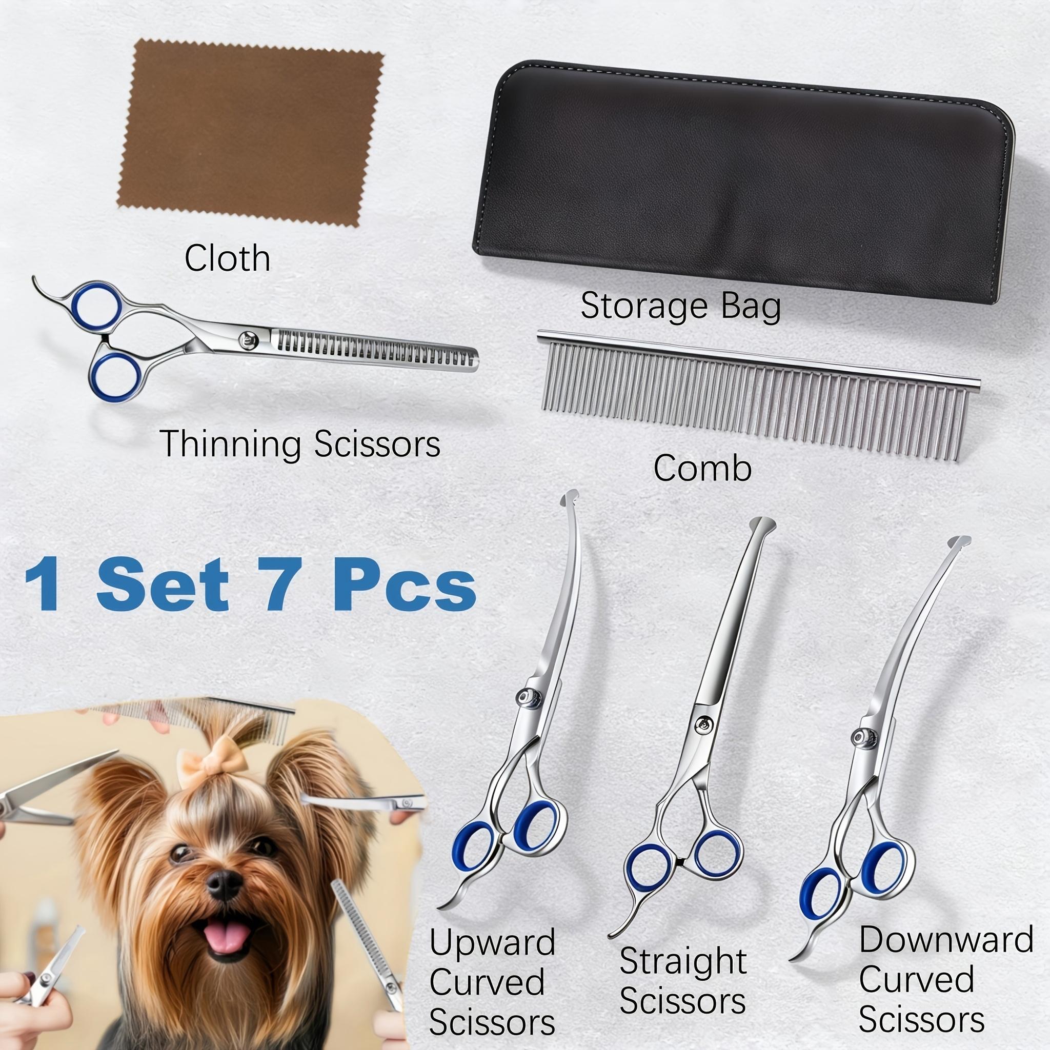 7-in-1 Professional Stainless Steel Dog Grooming Scissors With Safety Round Tip, Titanium Coated Heavy Duty Dog & Cat Grooming Scissors Set With Straight & Thinning & Curved Scissors & Comb, Pet Grooming Scissors Kit For Dogs, Cats & Other Animal
