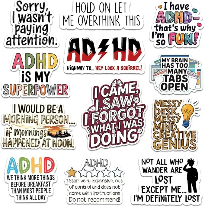 12pcs-ADHD Neurodivergent Sticker Stickers Mental Health Quotes AD1 | Gifts For ADHD Advocates Students Teachers Holiday Keepsake Suitable For Laptop Water Bottle Tumbler Mug Notebook Phone Cases