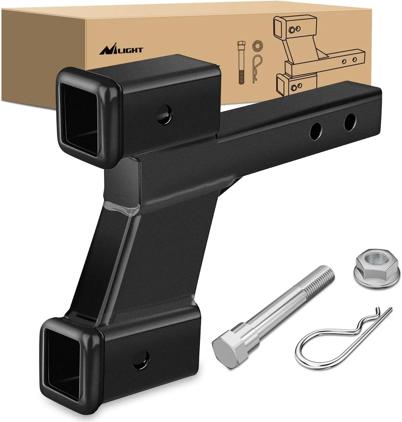 Nilight Solid Steel Adjustable Dual Trailer Hitch Extender for 2-in Receiver, 8-in/10-in Length, 2-in/6-in Rise/Drop, 10,000 lbs Capacity, Matte Black Powder Coated, with Bolt Nut Clip, Boat Accessories, Trailers Leveling Kit for Campers, Bike Racks