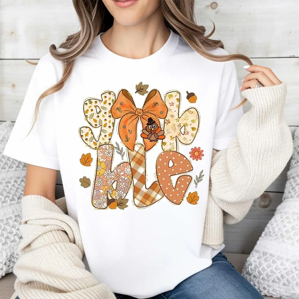 Thankful Fall Patchwork Bow Turkey Print, Raglan Long-Sleeved T-Shirt, Autumn Thanksgiving Holiday Theme, Casual Daily Wear