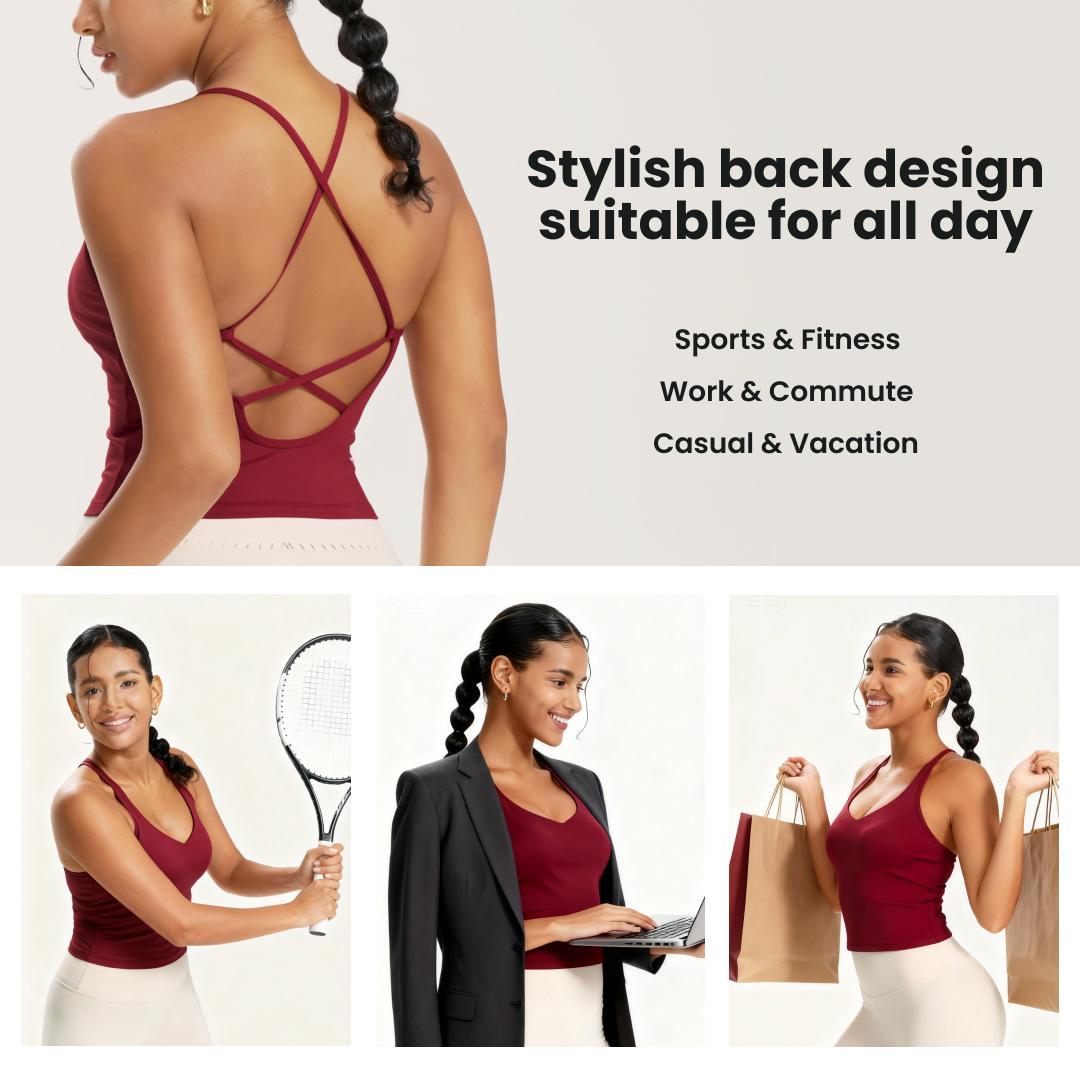 BodyTips Women's Soft Thin Straps X Back Backless Sports Bra Skin Friendly Stretchy Fit Tank Top With Adhesive Bra Pad Machine Wash Lingerie Smooth Backless Bra Popular Activewear Versatile Underwear For DailyWear Lounge Casual Outfit Yoga Summer Use