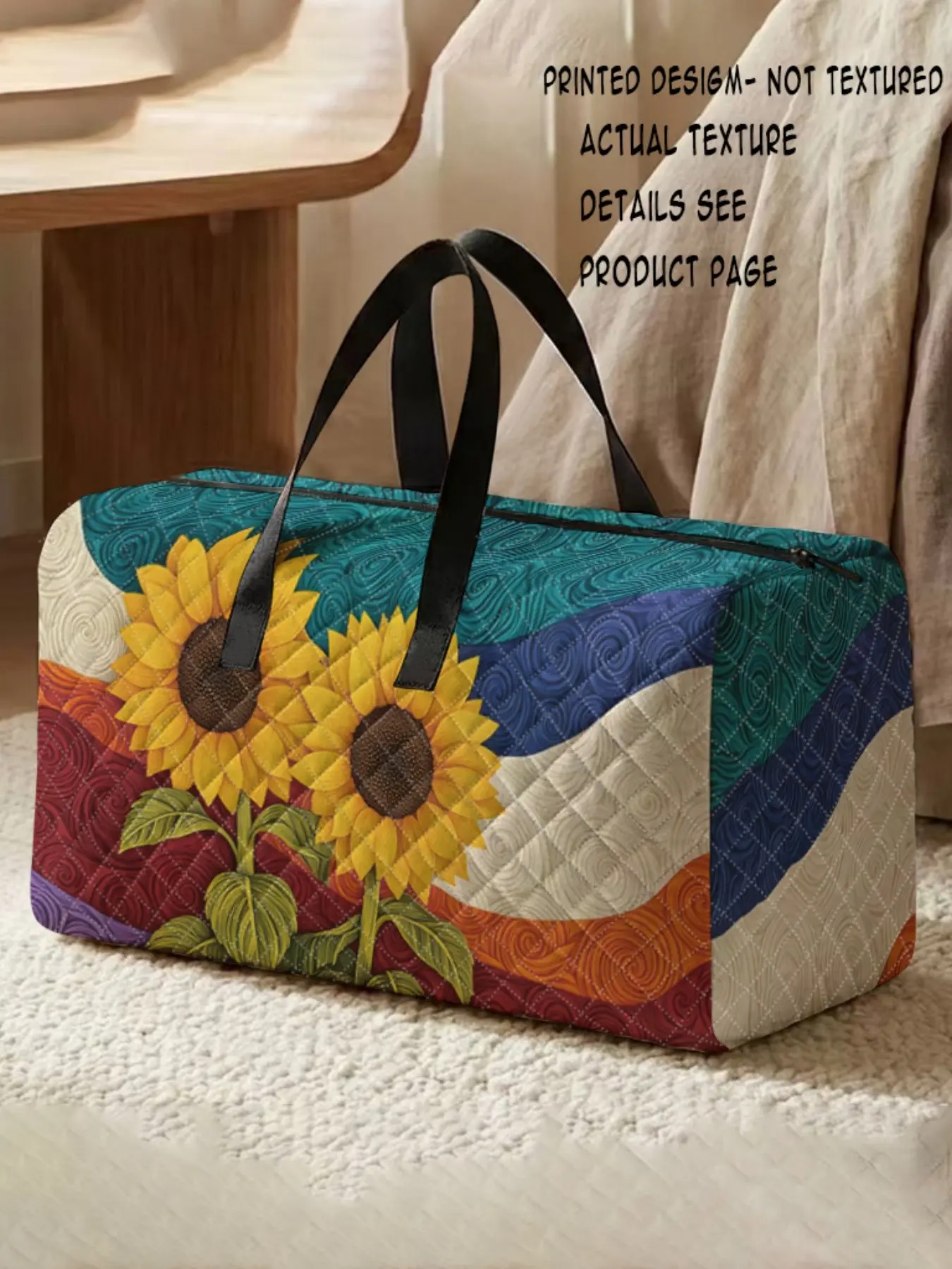 Sunflower Block Print Handbag, Large Capacity Travel Suitcase, Portable Overnight Bag, Yoga Training Bag, Shoe Storage Crossbody Bag, Traveling Bag, Travel Bags