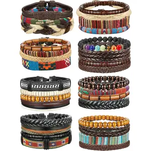 31 count Braided Leather Bracelets for Men Women Wooden Beads Cool  Tribal Wristbands Cuff Punk Multilayered Bracelets