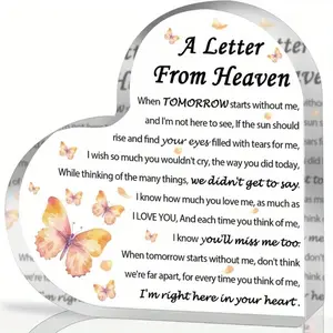 A Memorial Gift from Heaven - Heart-shaped Acrylic Keepsake with Butterfly Design, Suitable for Grieving Mothers, Fathers, Husbands, or Sons - Classic Style Desktop Decoration, Memorial Gift for the Loss of Parents, Elegant Calligraphy Font, Heart Plaque
