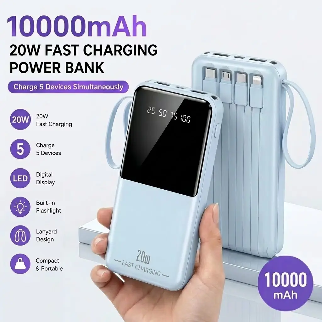 10000mAh Portable Power bank with Digital Display built-in cables,20W pd fast charging for iphone &android travel essentials giftideas tiktokshopbacktoschool
