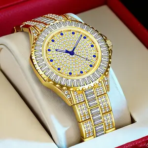 Luxury Gold Iced-Out Watch, Full Diamond & Blue Accents, Stainless Steel Bracelet, Hip-Hop Style Quartz Timepiece for Party & Gifting
