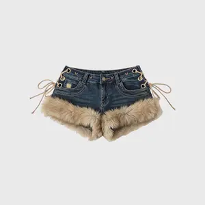 Womens Stylish Furry Patchwork Micro Shorts