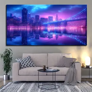 1.2inch Thick Pine Solid Wood Frame, Brooklyn Bridge Canvas Painting, Large Modern New York City Canvas Print Manhattan Skyline with Full Moon Giclee Painting, Suitable for Home Office Wall Decoration, Already Framed, Can Be Hanged Directly