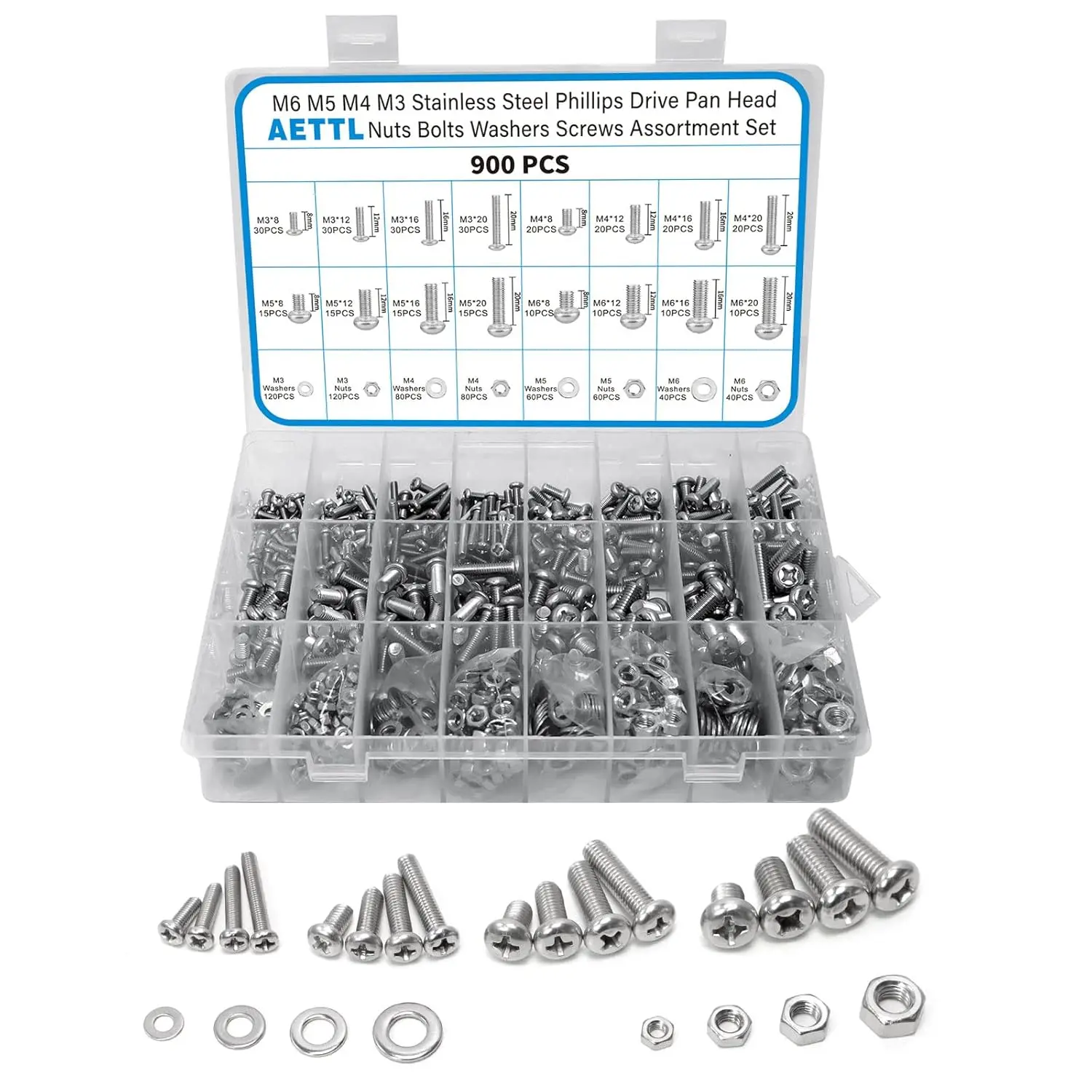 900-Pcs Metric Standard Industrial Stainless Steel Nuts and Bolts Kit - M3, M4, M5, M6 Sizes Phillips Drive Pan Head Machine Screws with Flat Washers, M3-M6 Sizes