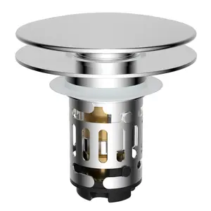 Hibbent Universal 3-in-1 Bathroom Sink Strainer  Universal Pop Up Sink Stopper with Big Push Cap Anti-Clogging Metal Filter Basket,Sink Plug with Hair Catcher for 1.1''~2.36'' Basin, Chrome