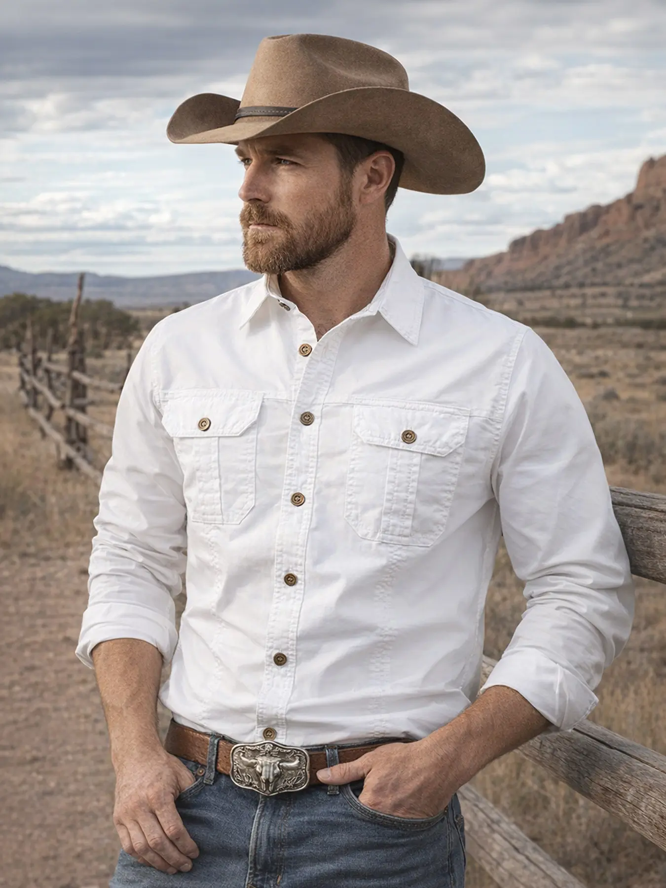 Men's Western Style Long Sleeve Button Down Shirt, Vintage Cowboy Work Shirt, Classic Breathable Cotton Blend, Casual Outdoor Top with Chest Pockets