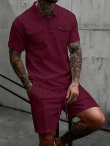 Men's Business Casual Sport Waffle Short Sleeve Shorts Polo Shirt Set, Pure Color, Comfortable and Stylish, Perfect for Daily Wear