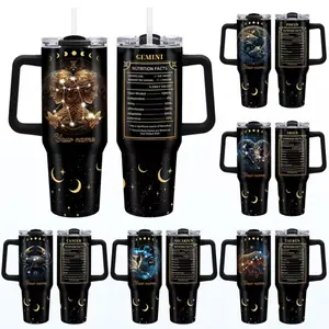 Personalized Zodiac Nutrition Facts 40oz Tumbler with Handle - Custom Name Astrology Constellation Cup - Funny Birthday Gift