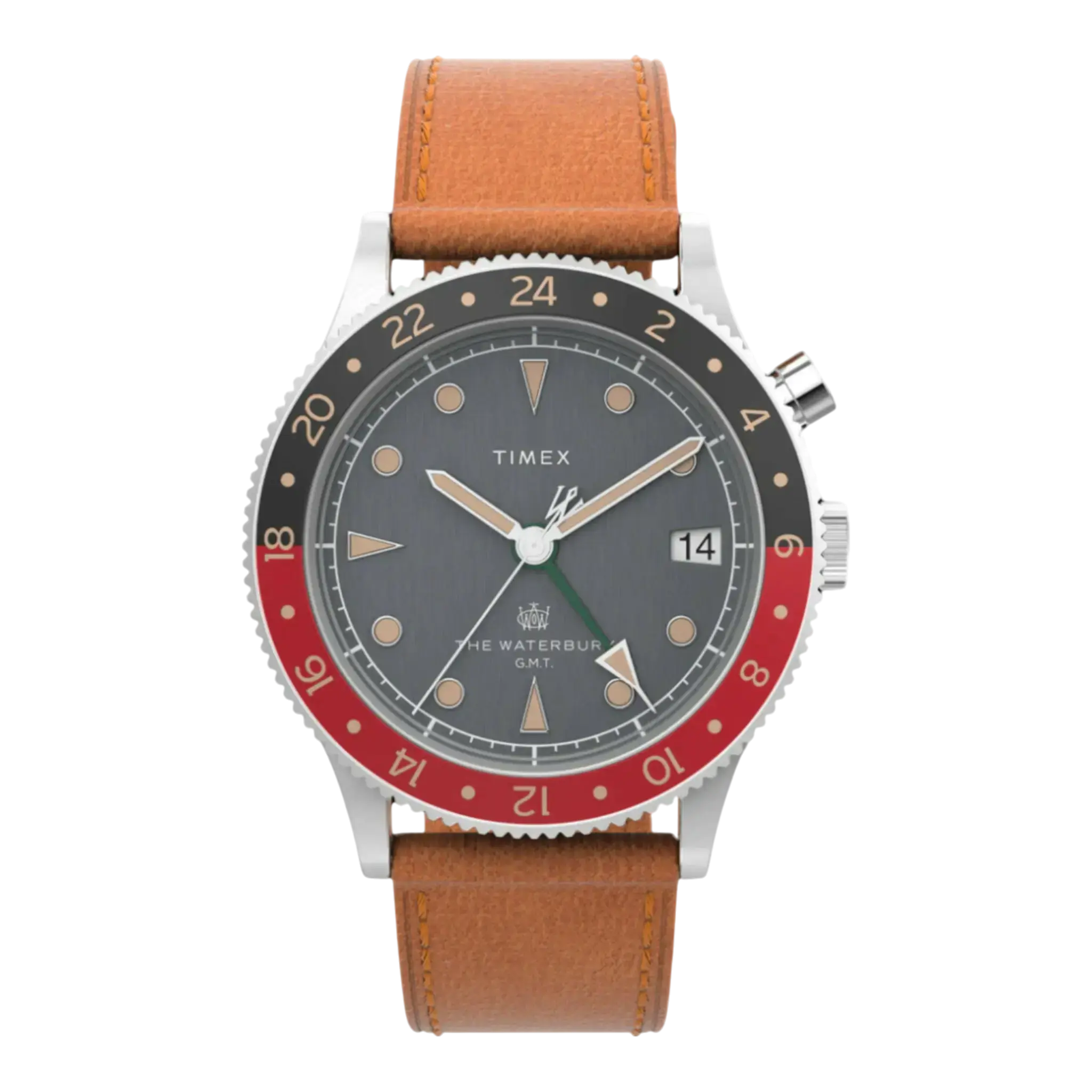 Timex Waterbury Traditional GMT Watch in Stainless Steel/Tan/Black | 39mm Leather Strap