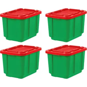 USA 12 Gallon Heavy Duty Holiday Storage Bins with Lids 4 Pack Made in USA Tough Snap On Lid Stackable Industrial Rugged Tubs Garage Organization Reusable Box Green Red