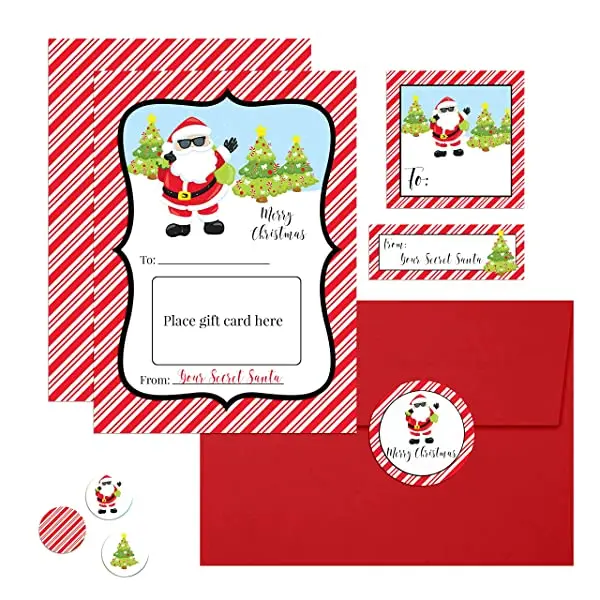 Secret Santa Gift Set - Stickers, Cards, Bag Toppers & More! 40 Pre-Cut "From Your Secret Santa" Round Stickers for Treat Bags & More - Made in the USA - Perfect for Gifting Treats, Gift Cards, or Holiday Cheer