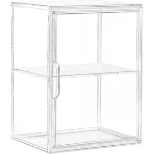 Acrylic Display Case for Collectibles, Clear Storage Bin with 3 Adjustable Layers and 1 Removable Divider, Stackable Clear Storage Box with Magnetic Door for Figures, Home or Office,Large