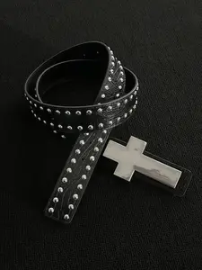 Metal Cross Street Rock Subculture Belt, Street Style Belt, Rivet Punk Hip-Hop Accessory, Unique Personality Fashion Waistband, Trendy Streetwear Jewelry