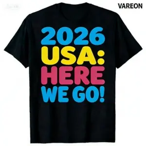 2026 USA Here We Go Funny Soccer T-Shirt, 100% Cotton Casual Short Sleeve Tee for Men Women, American Football Fan Gift Classic Fabric Menswear Soft Streetwear Top Breathable Day Gym Tshirt