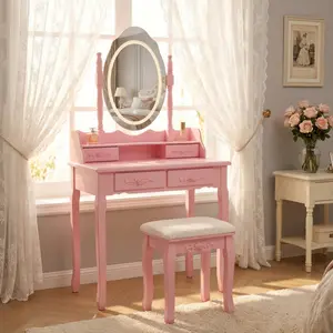 Pink Princess Wooden Dressing Table Set with Mirror, Cushioned Stool, 4 Drawers, Multiple Light Modes and Ample Storage (Bedroom Indoor Furniture)