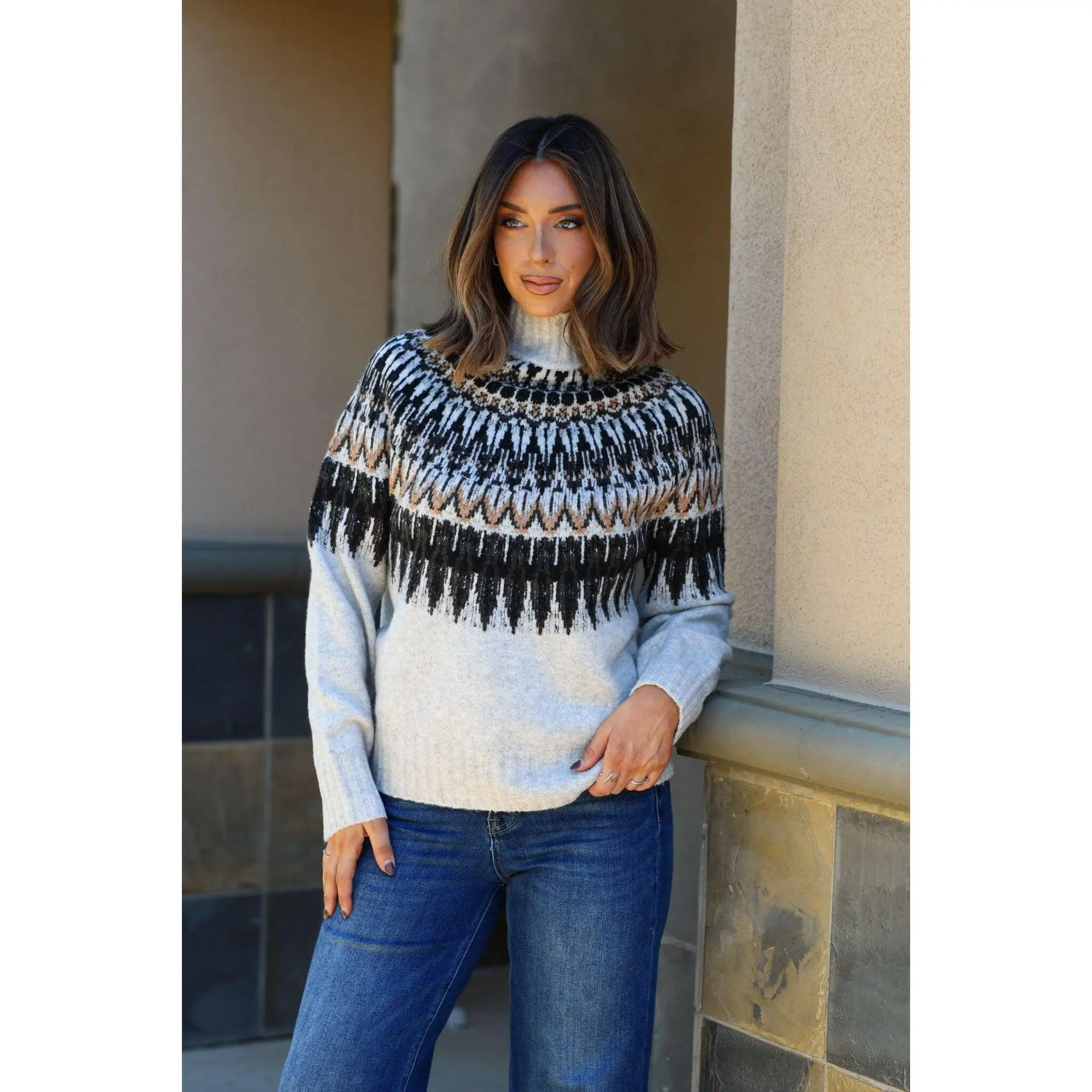 Oatmeal Fair Isle Mock Neck Sweater - FINAL SALE