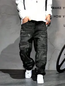 American Retro Cool Casual Ripped Denim Jeans, Loose Fit Straight Leg, Hole Patch Design, High Street Beggar Pants, All Seasons
