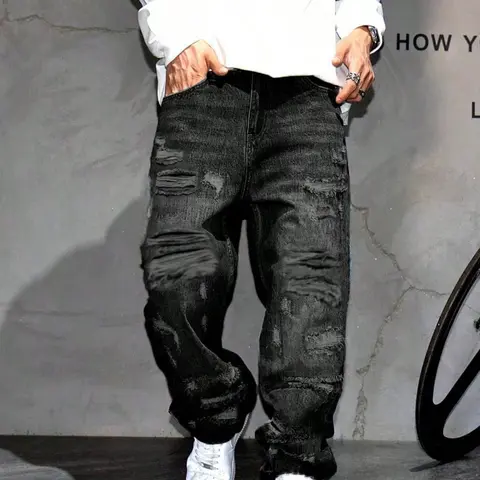 American Retro Cool Casual Streetwear Denim Jeans Trouser, Loose Fit Baggy Oversized Straight Leg, Hole Patch Design, Distressed Jeans, High Street Beggar Pants, All Seasons