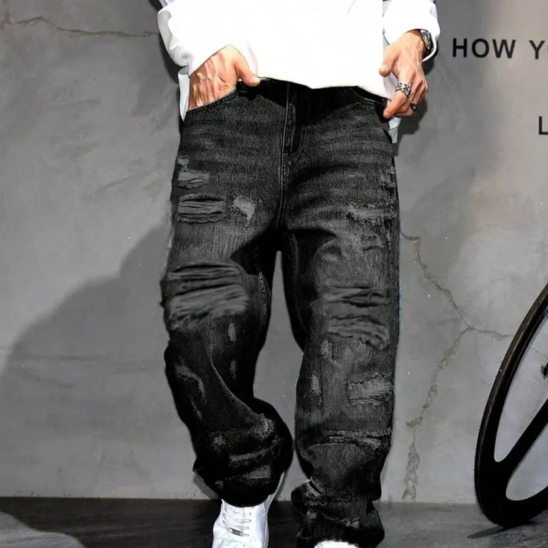 American Retro Cool Casual Streetwear Denim Jeans Trouser, Loose Fit Baggy Oversized Straight Leg, Hole Patch Design, Distressed Jeans, High Street Beggar Pants, All Seasons