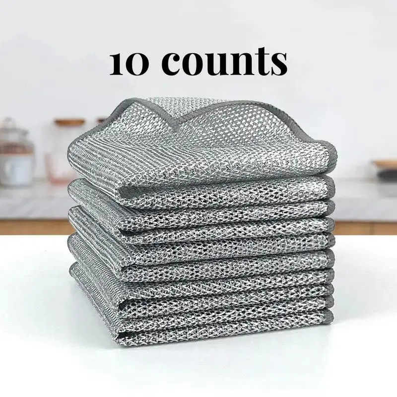10 Counts Dishwashing Rags, Double Side Multipurpose Non-Scratch Wire Dishcloths for Wet and Dry Use, Reusable Wire Cleaning Cloths for Kitchen, Sinks, and Pans Silver Removable, Washable & More
