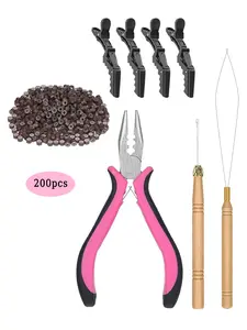 A set of 200 miniature silicone ring hair clips, including multifunctional pink pliers, bead piercers, crochet hooks, and hair clips.