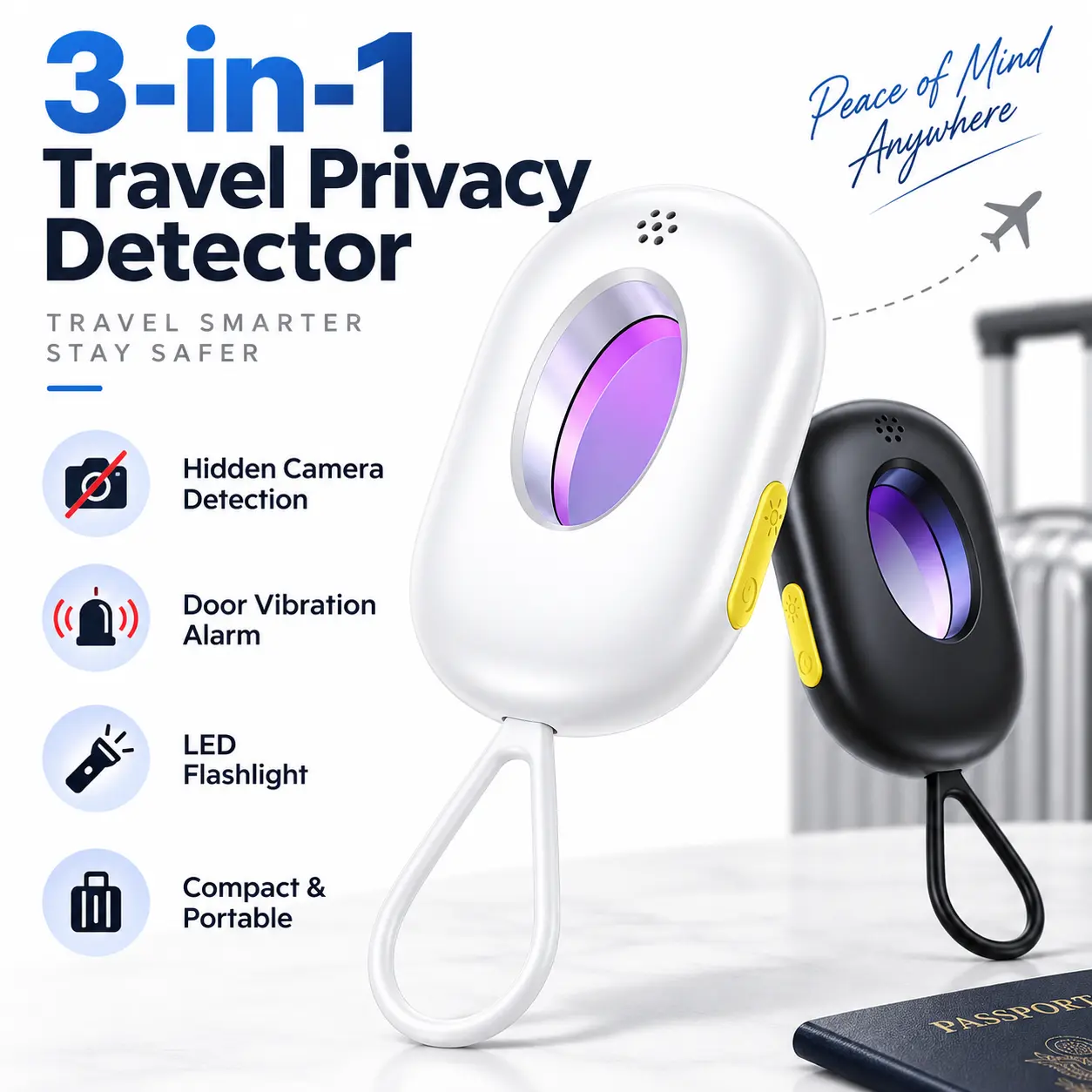MREGB 2-in-1 Travel Privacy Detector – Hidden Camera Detector with Infrared Detection & Door Vibration Alarm, 120 dB Loud Anti-Theft Alarm, High Sensitivity Sensor, No-Install Lanyard Design, LED Indicator, Hotel Security Tool for Travelers