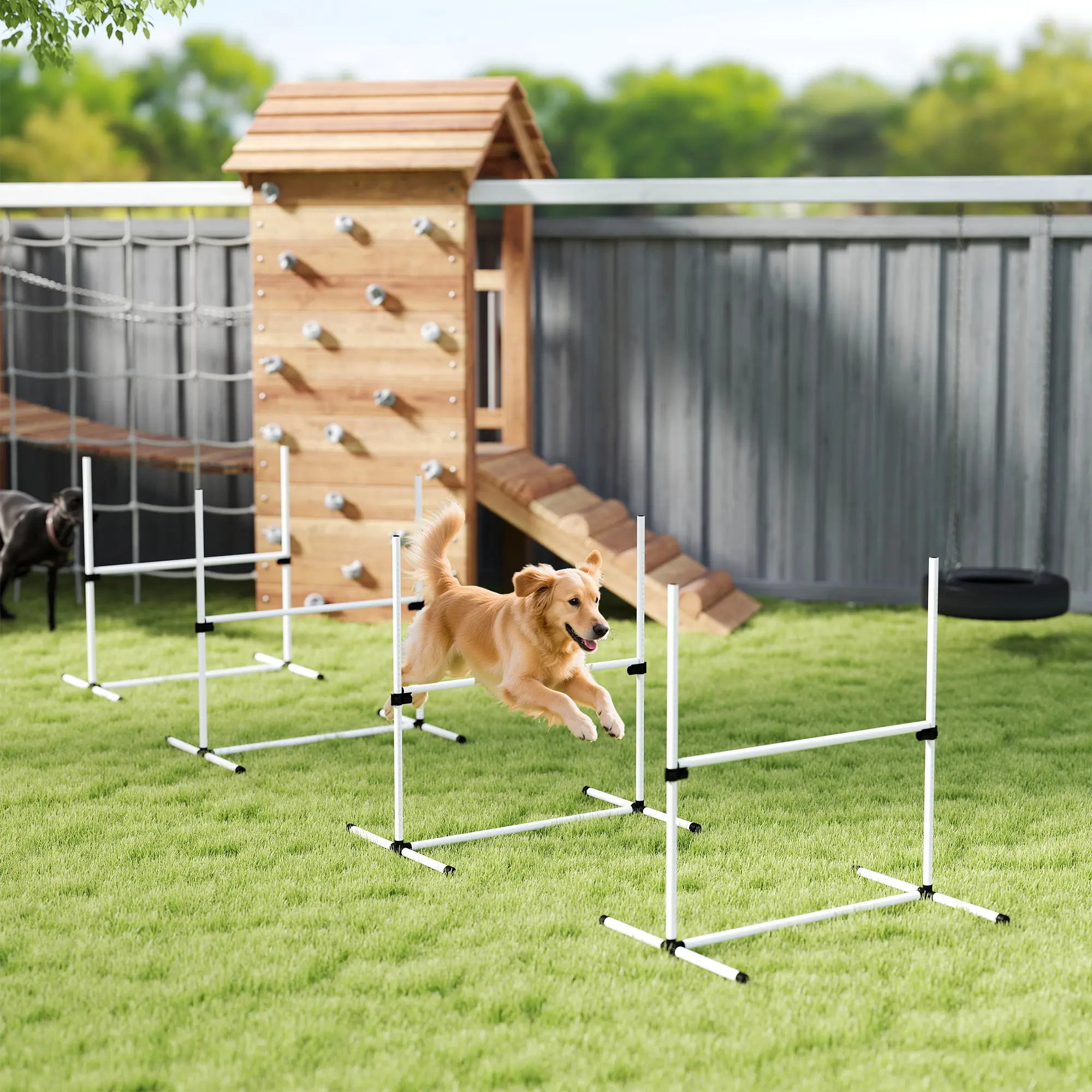 4-Piece Dog Agility Training Equipment Set for Dog Courses, with Adjustable-Height Jump Bars, Displacing Top Bar, and Included Carry Bag, White