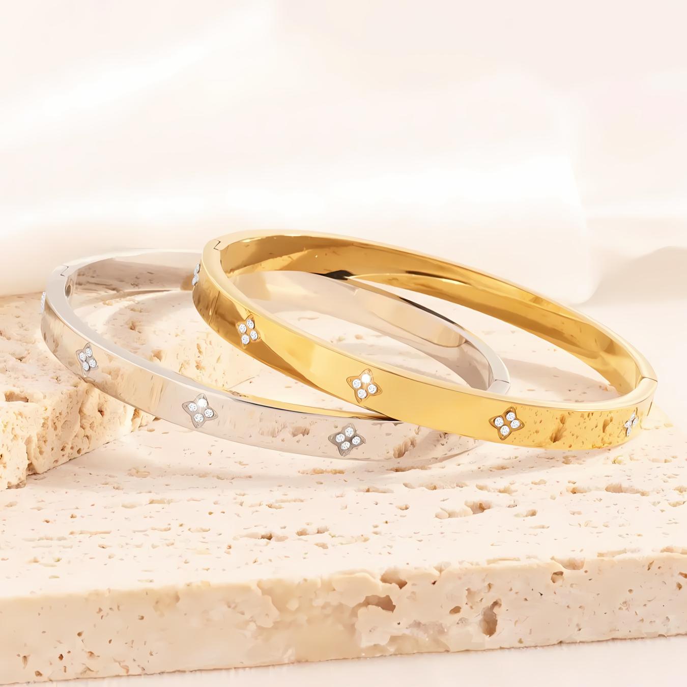 2Pcs Fashion Rhinestone Stainless Steel Bangles, Elegant Versatile Bracelet Set, Stylish Party & Daily Hand Jewelry for Men & Women