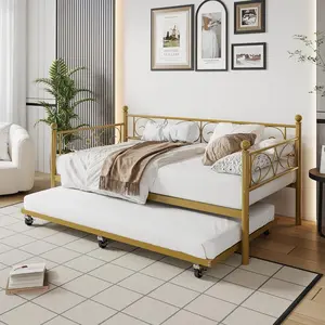 Gold Daybed with Trundle Bed Twin Size Metal Day Bed with Floral Headboard Modern Metal Sofe Bed Frame with Pull-Out Trundle Heavy Duty Steel Slats Supports for Living Room Guest Room