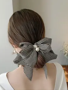 Women's Houndstooth Pearl Bow Hair Clip, Elegant Spring Hair Accessory for Dates, Holidays & Everyday Wear, Versatile Design