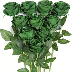 10 Dark Green Rose Stems - Realistic Artificial Roses, Artificial Roses Bouquet, Spring Green Hats for Home and Outdoor Decor, Weddings, Holidays and Garden Art, Perfect for St. Patrick's Day Celebrations, Valentine's Day, Thanksgiving, etc.