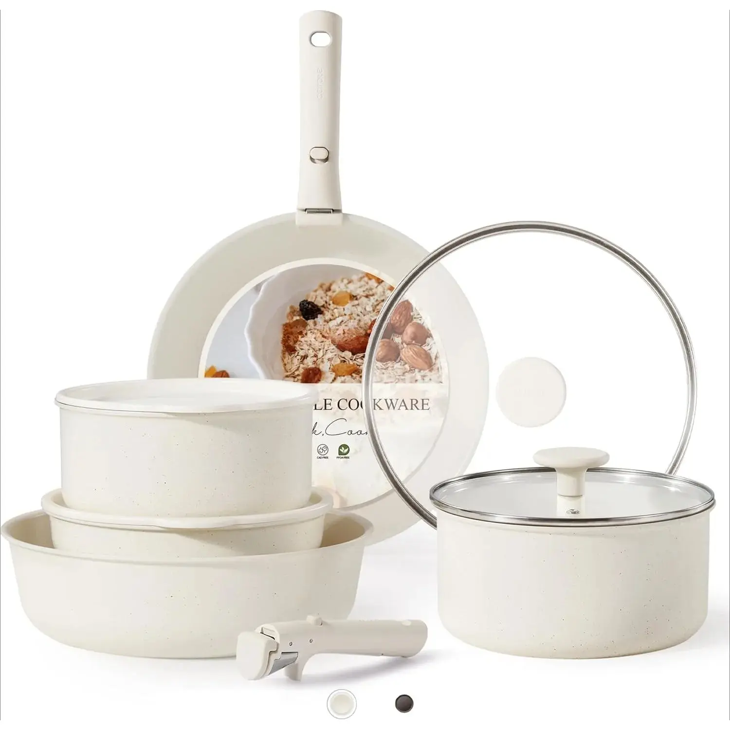 Detachable Handle Nonstick Frying Pan Set – Oven, Refrigerator Safe Cookware in Milky White