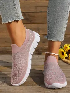 Women's New Rhinestone Flyknit Slip-On Casual Sports Shoes, Trendy Fashion Comfortable Wear, Sparkling Style Design, All Seasons, Walking Shoes, Rubber, Trending Sneakers, Flat Sneakers