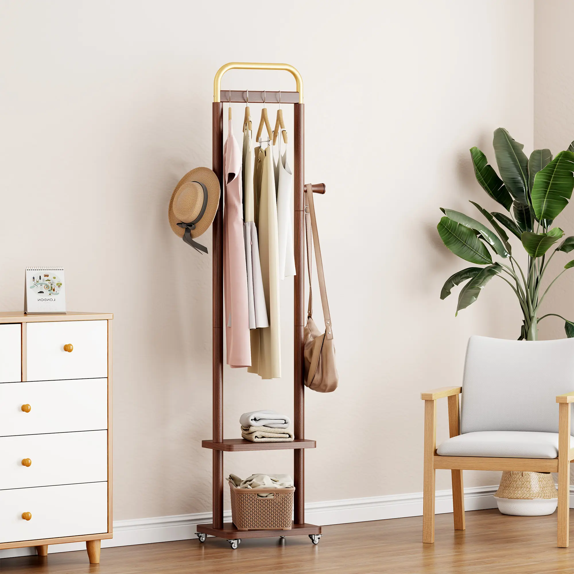 Heavy-Duty Freestanding Solid Rubberwood Floor Stand Coat Tree - Portable Stand-Alone Natural Wood Coat Rack with Wheels, 2 Shelves, 2 Hooks for Bedroom, Entryway, Floor Stand Coat Racks, Natural Wood Coat Racks
