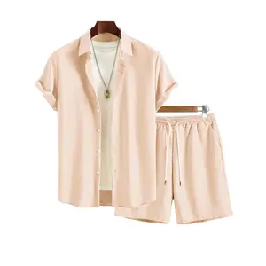 New summer solid-color men’s set featuring a collared short-sleeve shirt and drawstring shorts; casual minimalist design, versatile two-piece outfit. #SummerVibes #Father’sDayGift Clothes Pink