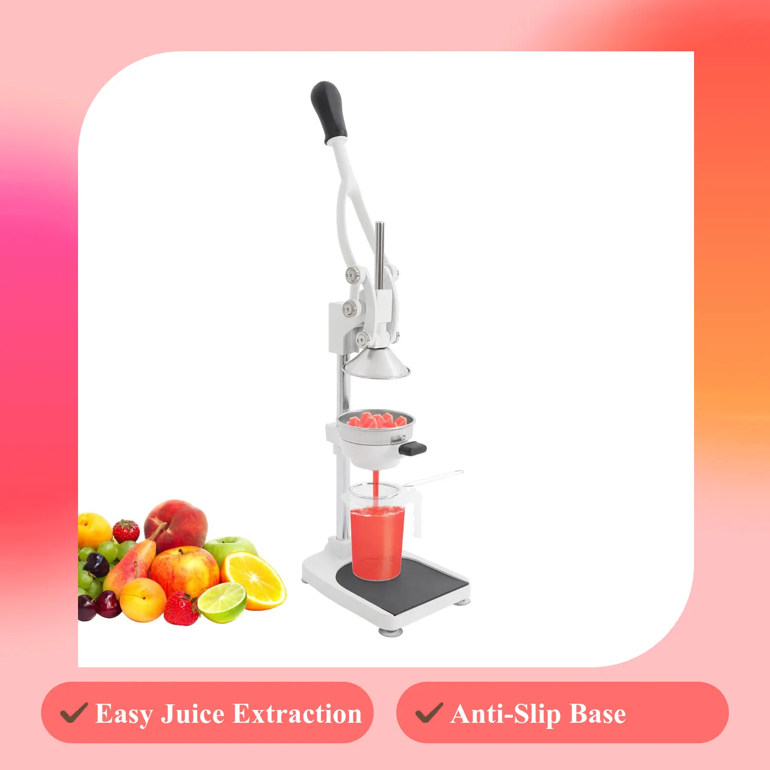 Kitchen Gadgets Silver Manual Juicer 9.65x7.48x18.9In 304 Stainless Steel Dual Press Head 18oz Cup Anti-slip Base for Orange Lemon Pomegranate Juicing