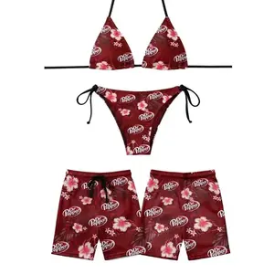 Couple Matching Swimwear, Dper Red Tropical Flower Print Bikini Set with Men's Shorts, Perfect Couple Gift Idea, Summer Beachwear, Tropical Vacation, Couples Swimwear