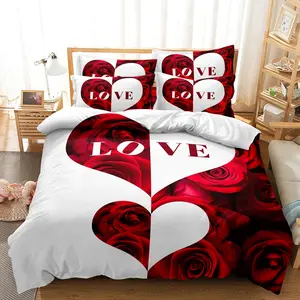 Romantic Love Letter Rose Pattern Decorative Duvet Cover Set, 3-Piece Bedding Set (1 Duvet Cover + 2 Pillowcases,Comfortaer Not Included), Soft Comfortable & Stylish Design For Home Decor