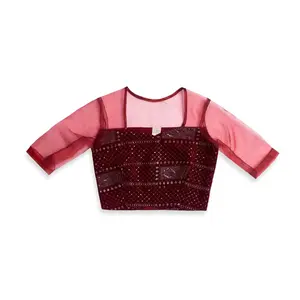 Gilded GlowX Velvet Blouse: Golden Karchupi & Organza Illusion