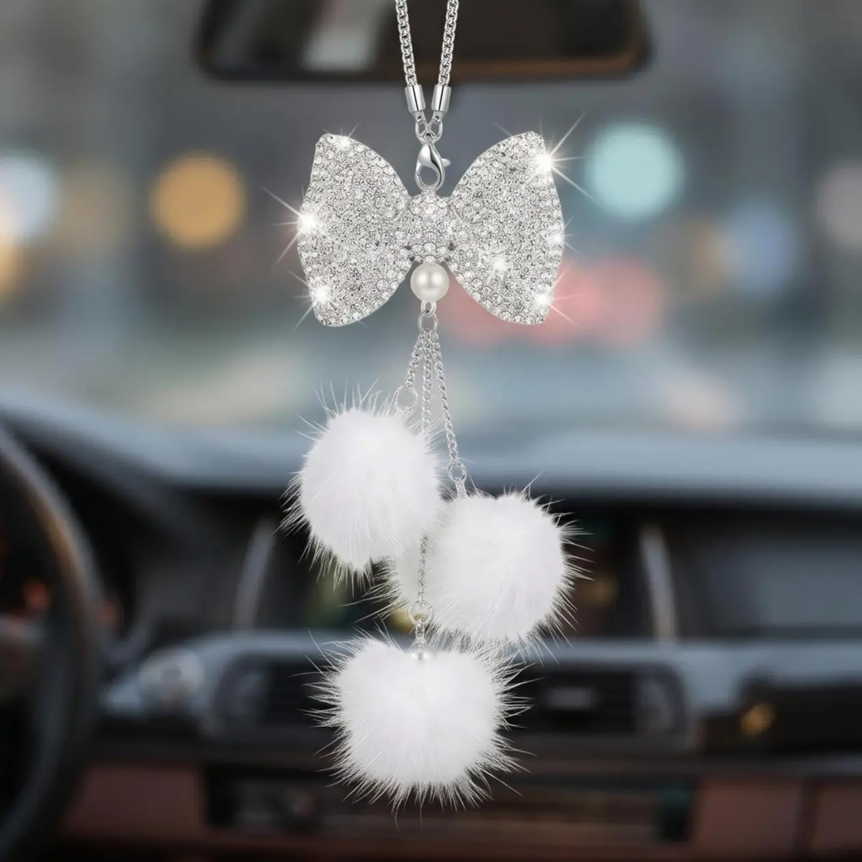 Bling Silver Rhinestone Bow Car Rearview Mirror Hanging Ornament, Fluffy Pom Pom Pendant, Aesthetic Luxury Car Interior Accessories Mother's Day Gift for Women