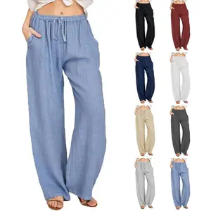 plus size 2025 women linen pants with highwaist wideleg pants Adjustable elastic band high quality solid long linen pants