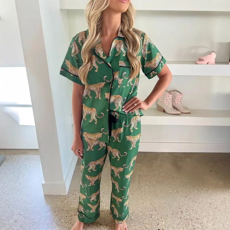 Women's Green Cheetah Print Short Sleeve Shirt and Loose Fit Pants Pajama Set, Leisure Sleepwear And Lounge Wear